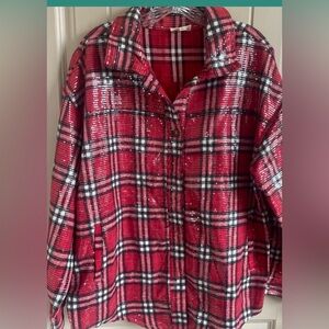 BiBi Red Plaid Sequin Blouse